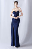 Navy Mermaid Strapless Long Corset Prom Dress med slids