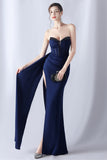 Navy Mermaid Strapless Long Corset Prom Dress med slids