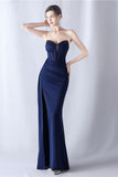 Navy Mermaid Strapless Long Corset Prom Dress med slids