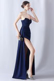 Navy Mermaid Strapless Long Corset Prom Dress med slids