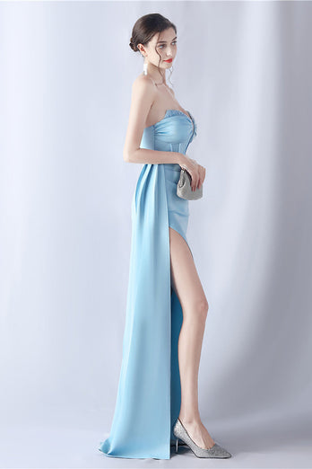 Navy Mermaid Strapless Long Corset Prom Dress med slids
