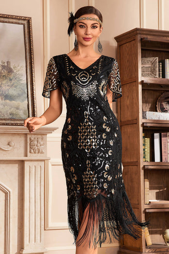 Sort gylden V-halsfrynser 1920'erne Gatsby kjole med pailletter