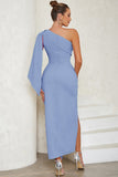Blå One Shoulder Bodycon Lang Cocktail Kjole