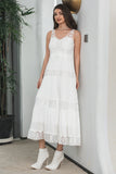 Enkel te-længde blonder hvid ærmeløs Boho Beach Holiday Dress