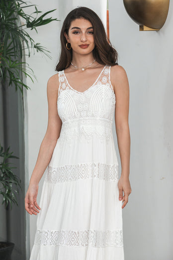 Enkel te-længde blonder hvid ærmeløs Boho Beach Holiday Dress