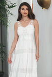 Enkel te-længde blonder hvid ærmeløs Boho Beach Holiday Dress