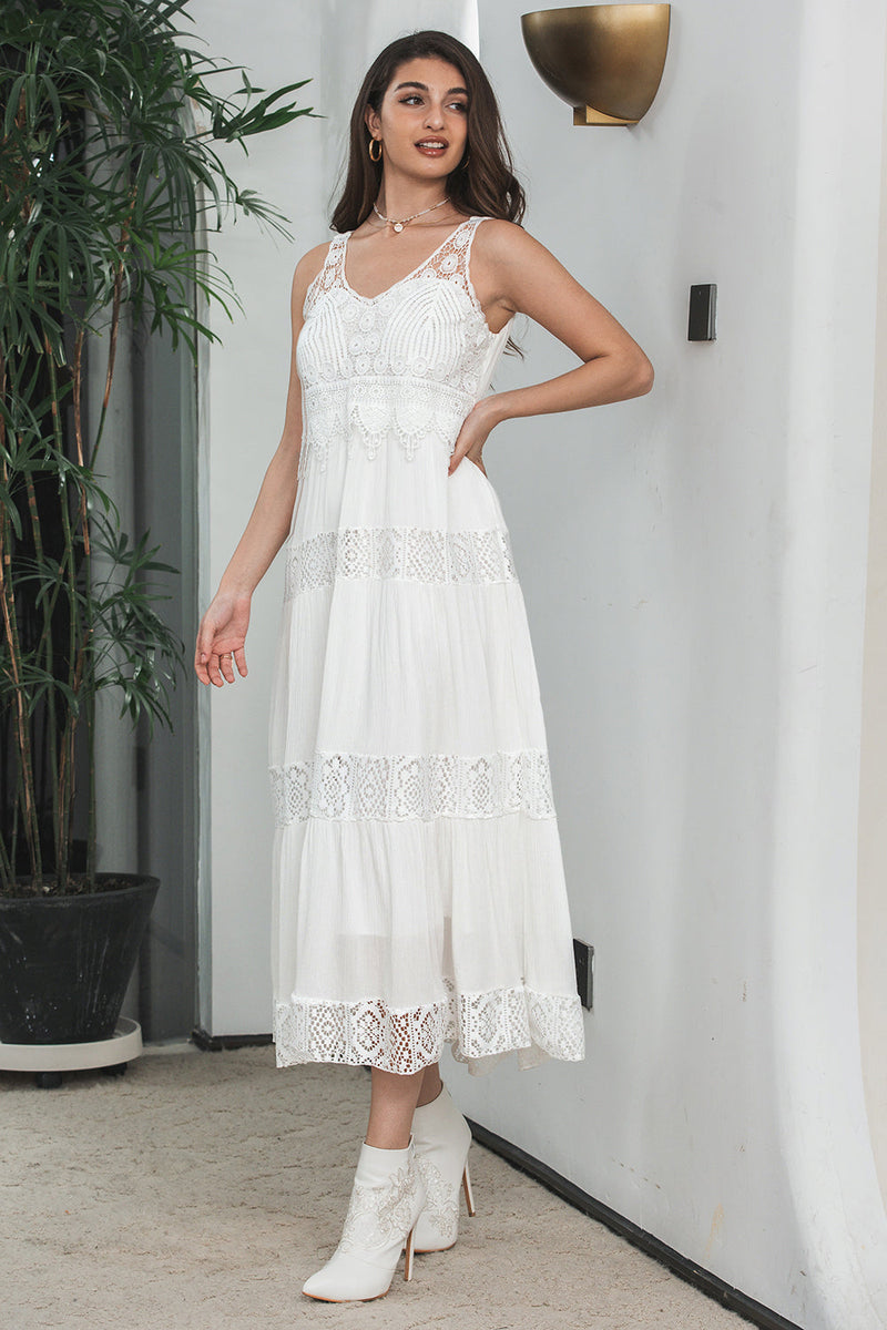 Indlæs billede til gallerivisning Enkel te-længde blonder hvid ærmeløs Boho Beach Holiday Dress