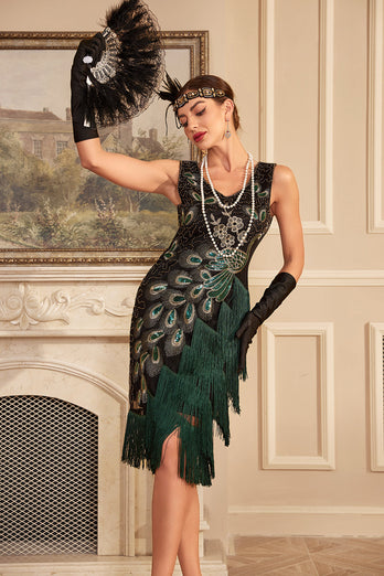 Glitrende sorte pailletter frynsede 1920'erne flapper kjole