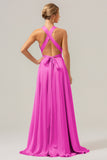 Pink A Line V-hals Backless Satin Lang brudepigekjole med slids