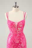 Smuk Hot Pink Bodycon Lace Up Glittler Kort Homecoming Kjole med slids
