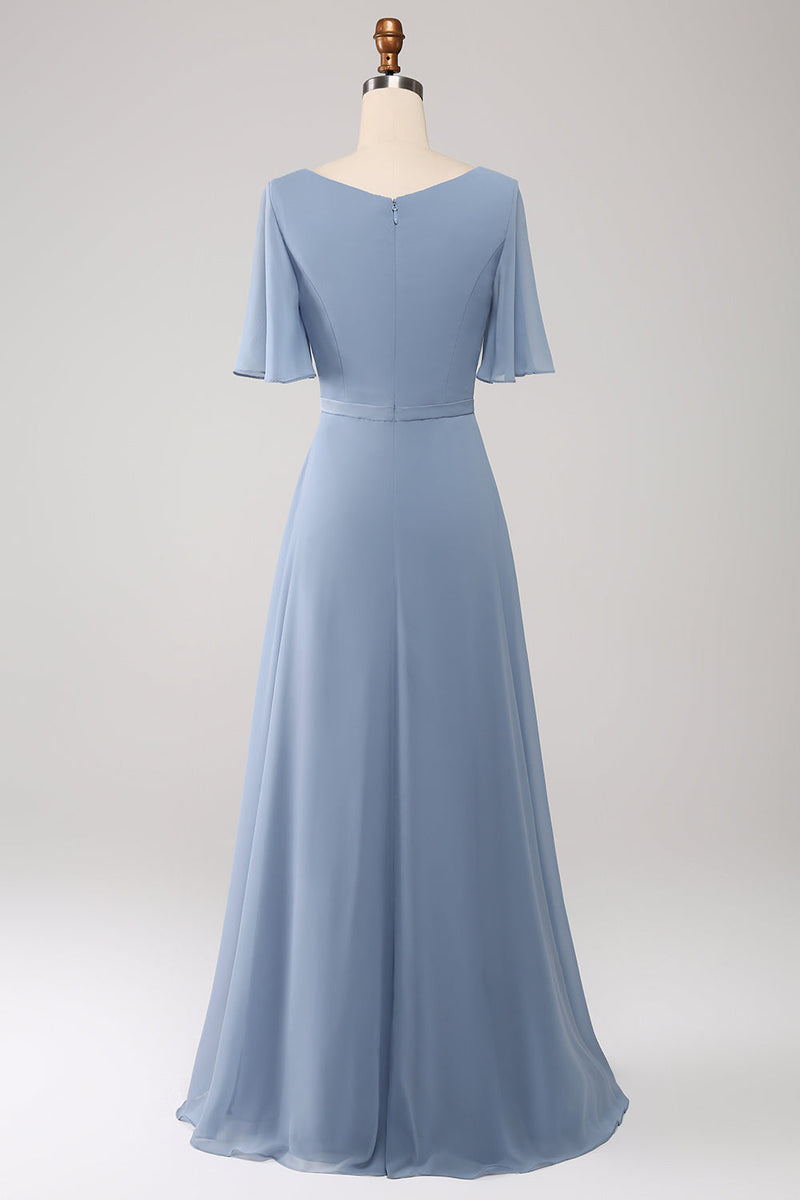 Indlæs billede til gallerivisning A-Line Chiffon Dusty Blue Long Brudepige Kjole med perletalje