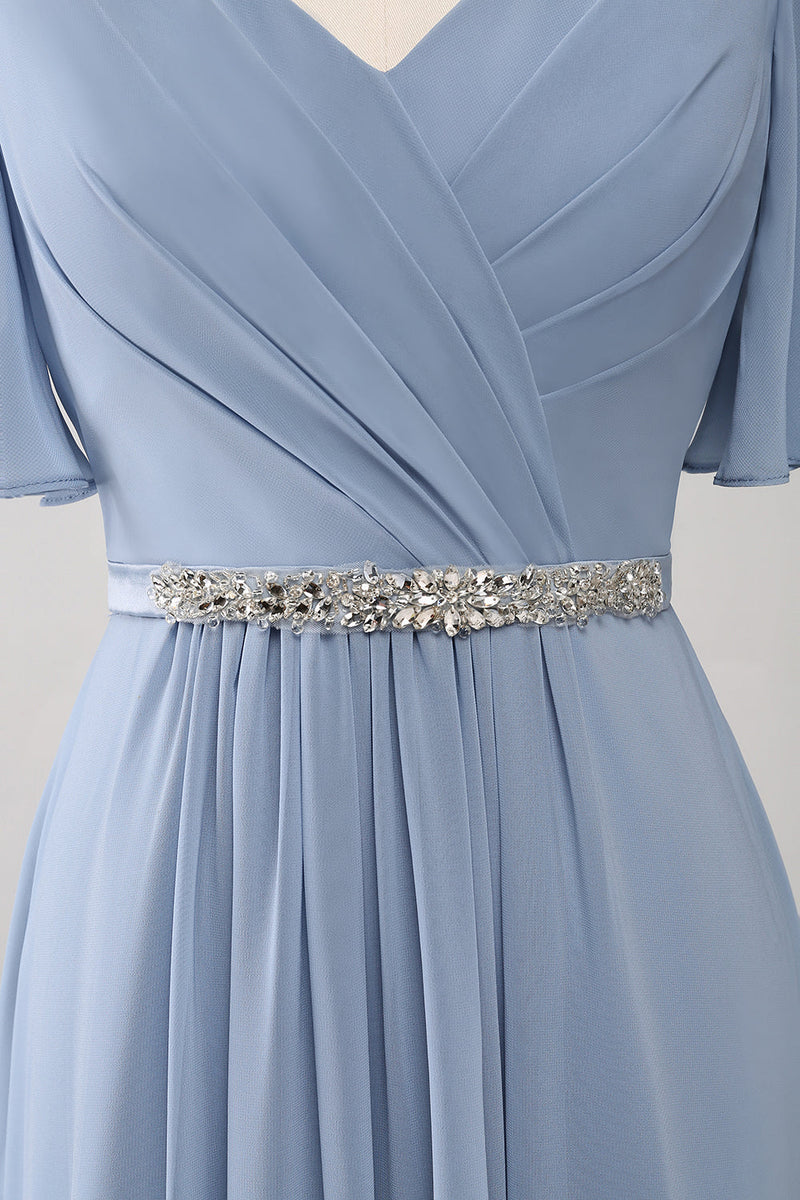 Indlæs billede til gallerivisning A-Line Chiffon Dusty Blue Long Brudepige Kjole med perletalje