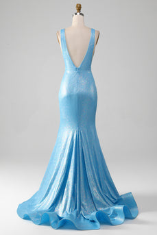 Glitterblå havfrue kjole med V-hals