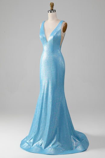 Glitterblå havfrue kjole med V-hals