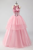 Glitrende Pink Halter Korset Appliques Tiered Lang Gallakjole