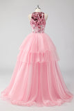 Glitrende Pink Halter Korset Appliques Tiered Lang Gallakjole