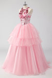 Glitrende Pink Halter Korset Appliques Tiered Lang Gallakjole