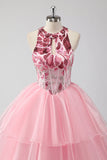 Glitrende Pink Halter Korset Appliques Tiered Lang Gallakjole