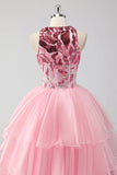 Glitrende Pink Halter Korset Appliques Tiered Lang Gallakjole