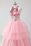 Glitrende Pink Halter Korset Appliques Tiered Lang Gallakjole