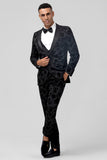 Peak revers sort Jacquard 3 stykke One Button Mænds Prom Suits