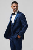 Sort 3-delt Peak revers Jacquard One Button Mænds Prom Suits