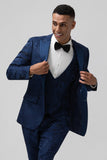 Sort 3-delt Peak revers Jacquard One Button Mænds Prom Suits