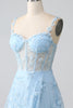 Indlæs billede til gallerivisning Blauw Glitrende A Line Spaghetti Stropper Pailletkorset Fest kjole med slids