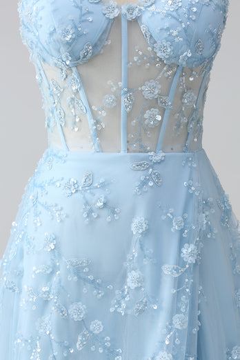 Sparkly Blush A Line Spaghetti Straps Pailletkorset Prom kjole med slids