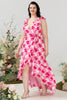 Indlæs billede til gallerivisning Plus size høj lav pink blomst trykt brudepigekjole med flæser