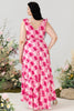 Indlæs billede til gallerivisning Plus size høj lav pink blomst trykt brudepigekjole med flæser