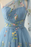 Gråblå A Line One Shoulder Tulle Kort Homecoming Kjole med blomsterbroderi