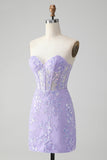 Lilac Corset Pailletter Sweetheart Kort broderi Homecoming Kjole med snørebånd Tilbage