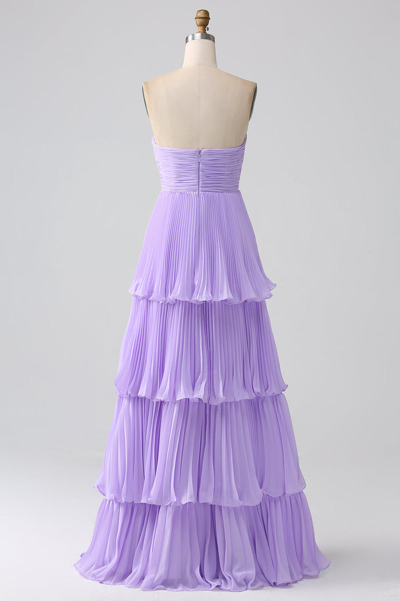 Indlæs billede til gallerivisning A-Line Sweetheart Lilac Tiered Chiffon Long Brudepige Kjole med plisseret