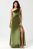 One Shoulder A Line Velvet Green Brudepigekjole med slids