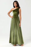 One Shoulder A Line Velvet Green Brudepigekjole med slids