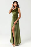 One Shoulder A Line Velvet Green Brudepigekjole med slids