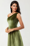 One Shoulder A Line Velvet Green Brudepigekjole med slids