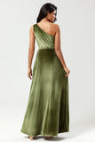 One Shoulder A Line Velvet Green Brudepigekjole med slids