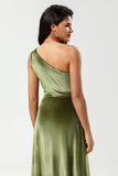 One Shoulder A Line Velvet Green Brudepigekjole med slids