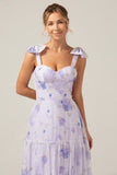 Lilac Corset blomsterprint A-Line lang brudepigekjole