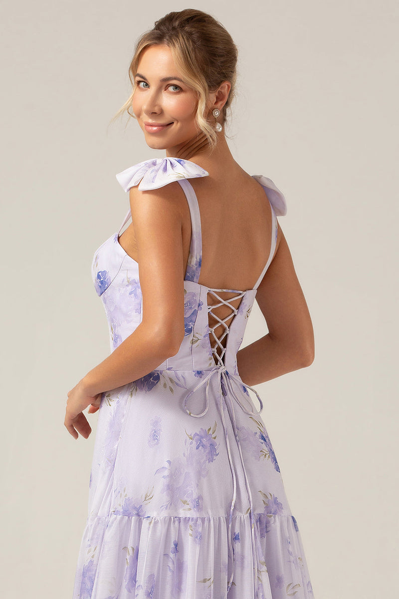 Indlæs billede til gallerivisning Lilac Corset blomsterprint A-Line lang brudepigekjole