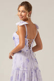 Lilac Corset blomsterprint A-Line lang brudepigekjole