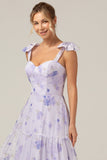 Lilac Corset blomsterprint A-Line lang brudepigekjole