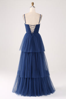A Line Spaghetti Straps Tiered Tulle Plisseret Prom Dress med slids