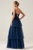 A Line Spaghetti Straps Tiered Navy Tulle Plisseret Prom Dress med slids