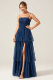 A Line Spaghetti Straps Tiered Navy Tulle Plisseret Prom Dress med slids