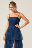 A Line Spaghetti Straps Tiered Navy Tulle Plisseret Prom Dress med slids