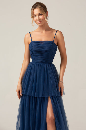 A Line Spaghetti Straps Tiered Navy Tulle Plisseret Prom Dress med slids