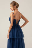 A Line Spaghetti Straps Tiered Navy Tulle Plisseret Prom Dress med slids